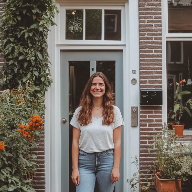 persoon staat voor huis